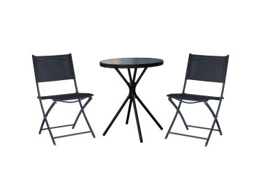 Black foldable table and chairs set.