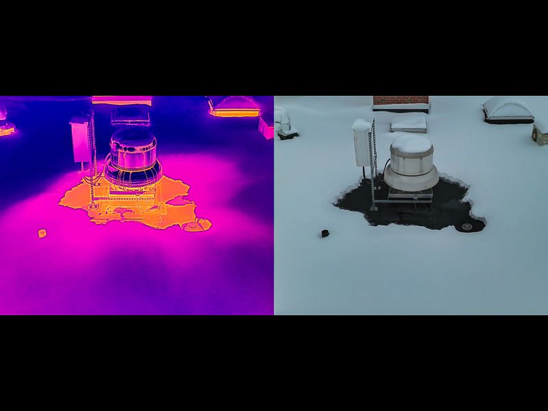 Side by side thermal and visible image photo of a roof fan on a building showing location of possible heat loss at the roof using a thermal imaging drone.