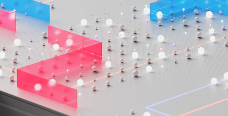 Futuristic technology composition featuring illuminated paths and floating spherical nodes.