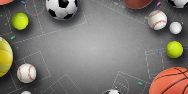 Various sports balls surrounding a gray background with court lines.