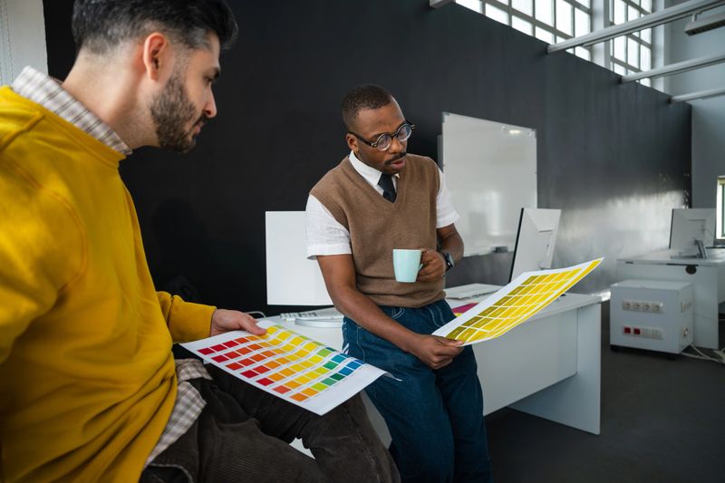 Two diverse graphic designers collaborating, holding color swatch sheets, discussing creative ideas for a new project