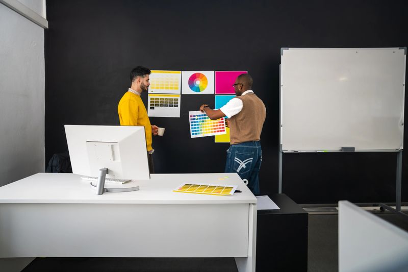 Diverse adult colleagues discussing color swatches and design concepts, brainstorming ideas for a new project in a contemporary workspace