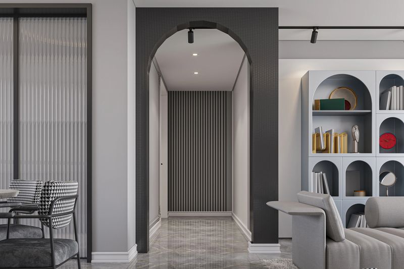 Modern Minimalist Living Room with Arched Wall and Fluted Wood Panels