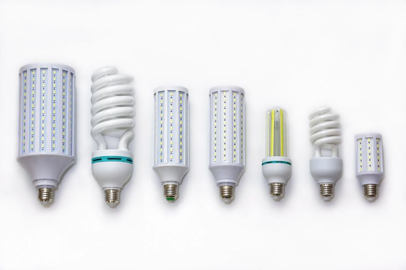 Row of various LED corn lights and compact fluorescent spiral bulbs on clean white background; showing modern lighting options; efficiency; design and home power saving