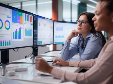 Two professionals analyzing data on multiple monitors.