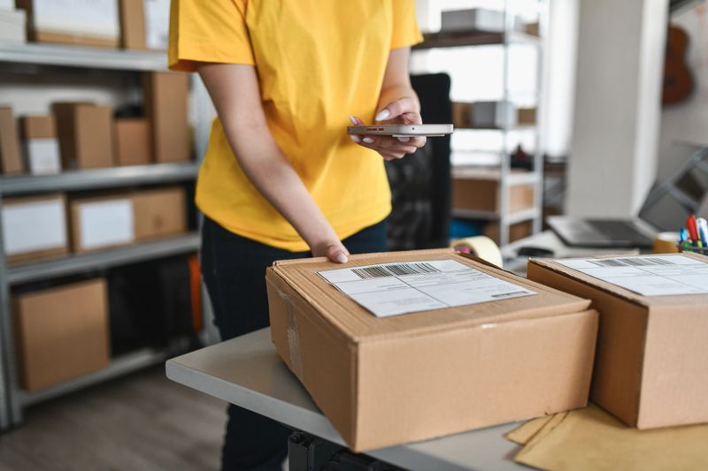 A warehouse worker in a bright yellow shirt scans a barcode on a cardboard box while organizing shipments.