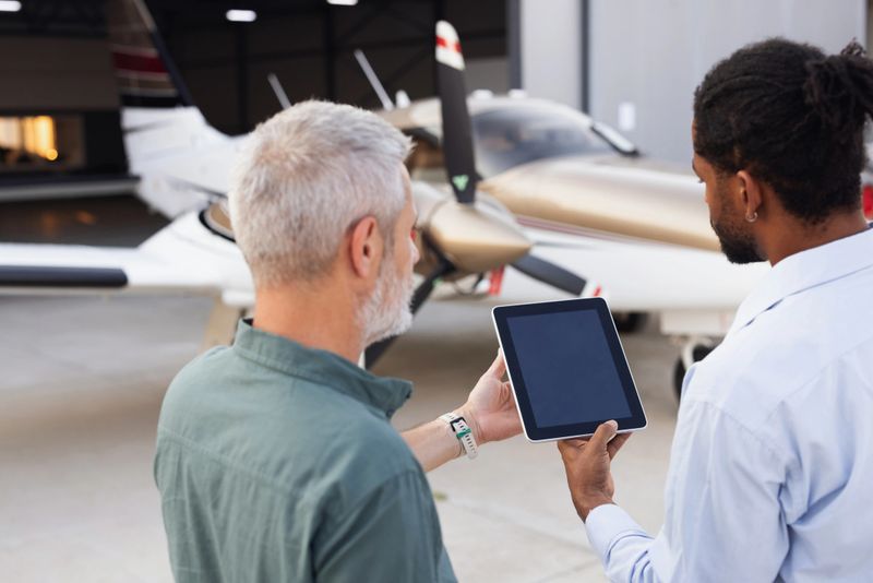 Two professionals using a digital tablet while standing near an airplane in a hangar