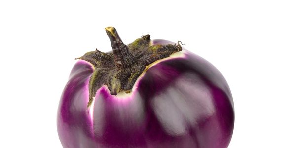A shiny round eggplant with purple and white hues on a white background.