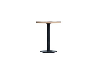 Round wooden table with black metal base.