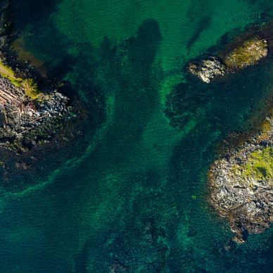 Aerial view of clear coastal water with rocky shoreline.
