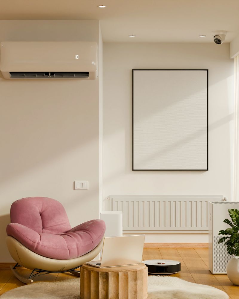 Modern smart home living room interior with air conditioner, robot vacuum cleaner, air purifier and security camera, technology and comfort concept- 3D rendering