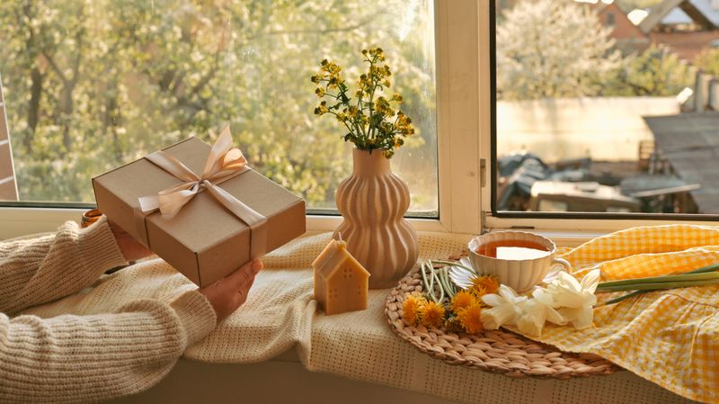 A person holds a beautifully wrapped gift box near a window sill adorned with a cup of tea, fresh flowers, and a decorative candle, bathed in soft morning light