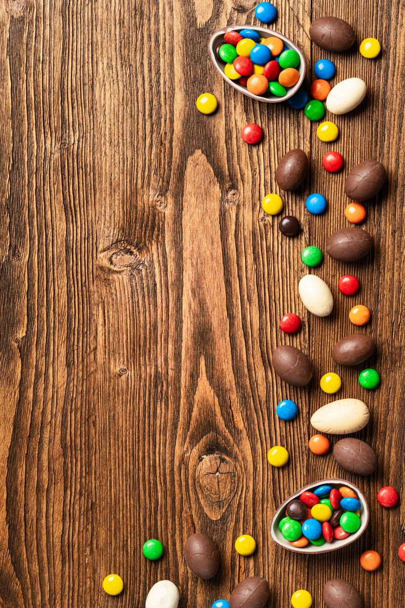 Easter chocolate eggs and colorful candies border on wooden background with copy space