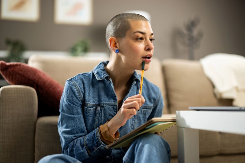Shaven head woman having a thoughtful moment, considering ideas and writing notes in a notebook