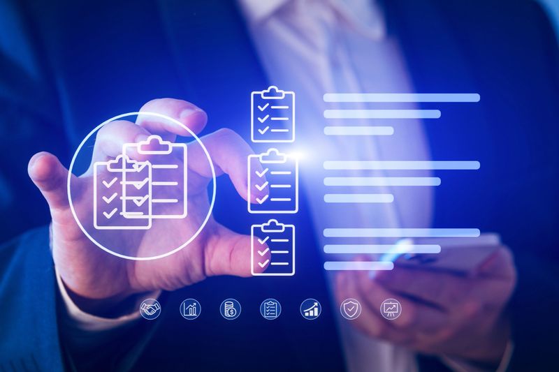 A person in a suit interacts with a digital checklist display, focusing on tasks while holding a smartphone. The setting appears professional, ideal for productivity.