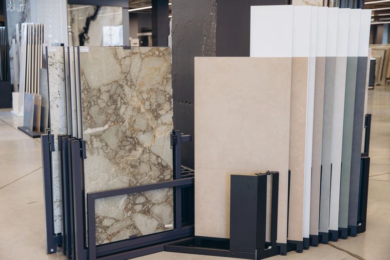 Showroom setting featuring various large format marble patterned and solid color ceramic and porcelain tile samples for interior design