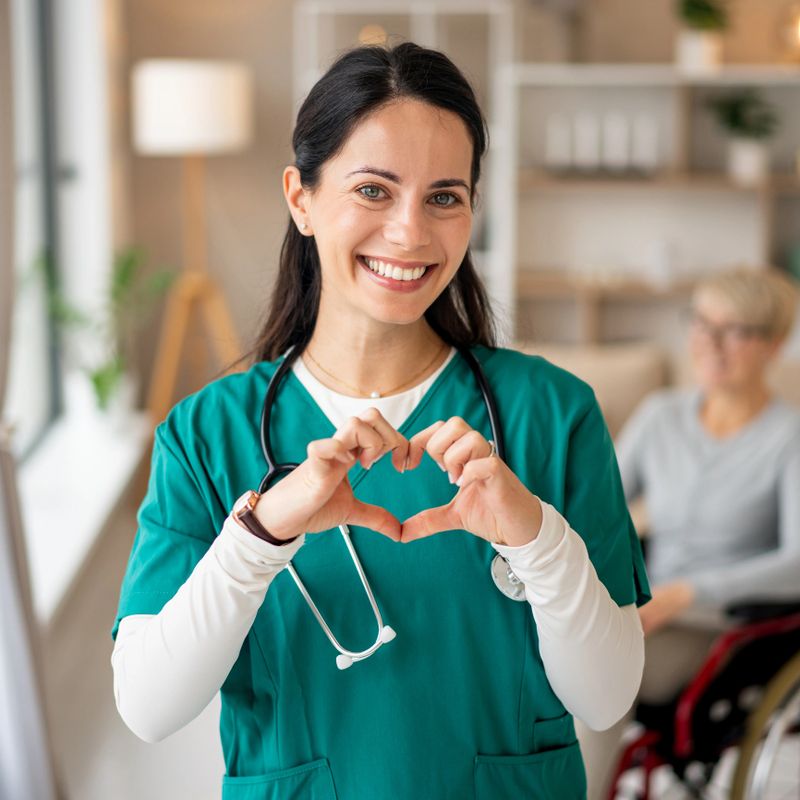 Smiling female healthcare professional in scrubs forming a hand heart gesture to symbolize compassion, care and patient support