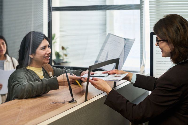 Young adult Hispanic woman handing documents to middle aged Caucasian woman behind counter at visa center, both women interacting through glass partition