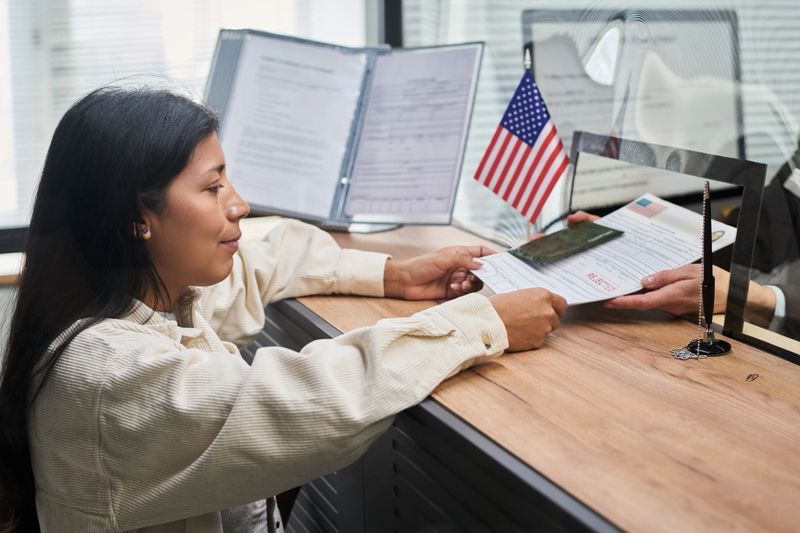 Young adult Hispanic woman submitting documents to official behind counter at visa center, holding passport and paperwork, American flag and forms visible in background