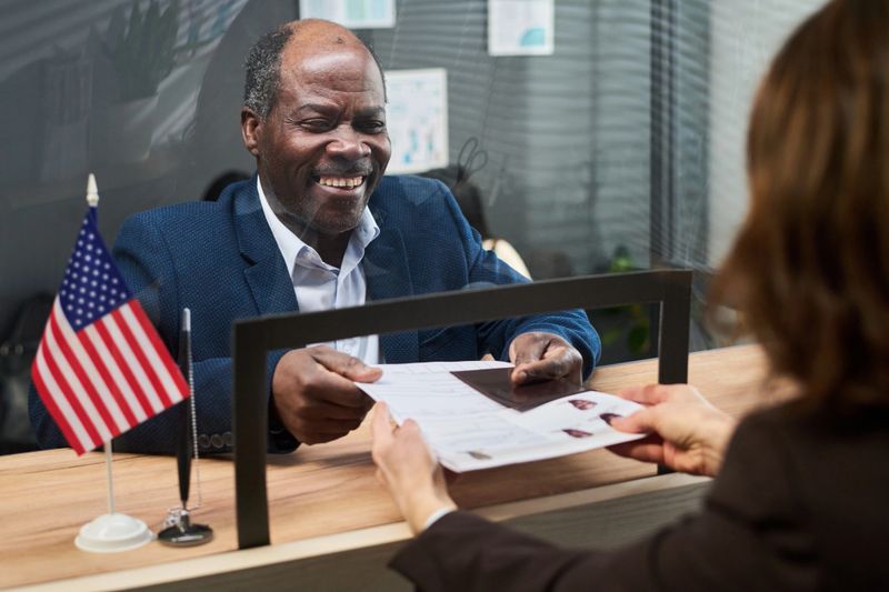 Middle aged Black man smiling while submitting documents to female employee at visa center, holding paperwork across counter with American flag visible on desk, engaging in application process