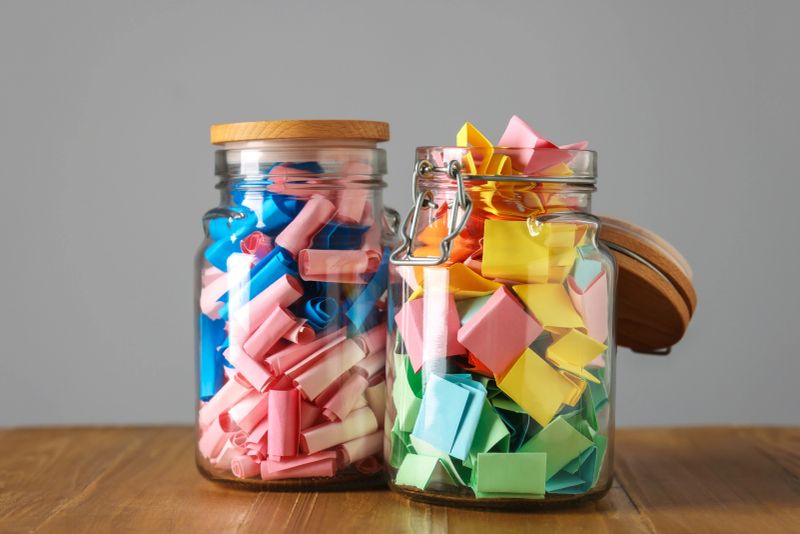 Colorful paper notes in glass jars on wooden table against grey background