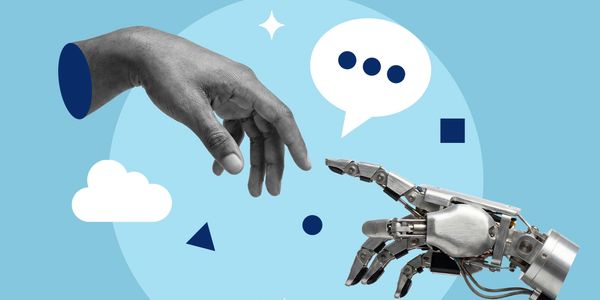A human hand and a robotic hand nearly touching against a blue background.