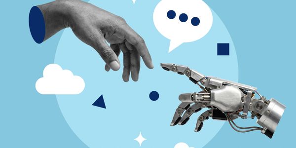 A human hand reaching towards a robotic hand symbolizing connection between humans and AI.