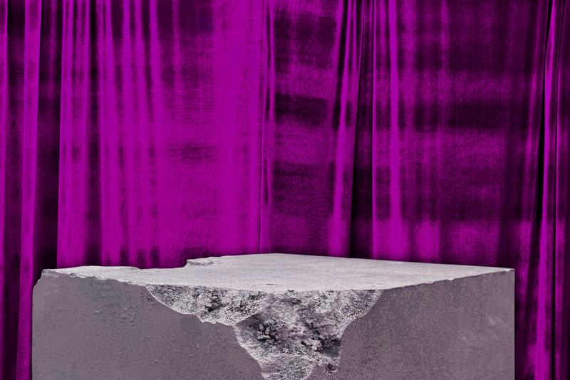 Abstract Concrete Stone Pedestal Display Stand with Luxury Purple Velvet Curtain Backdrop, Elegant Fashion Stage for Product Mockup, Theater Performance Background, Premium Jewelry Presentation Podium