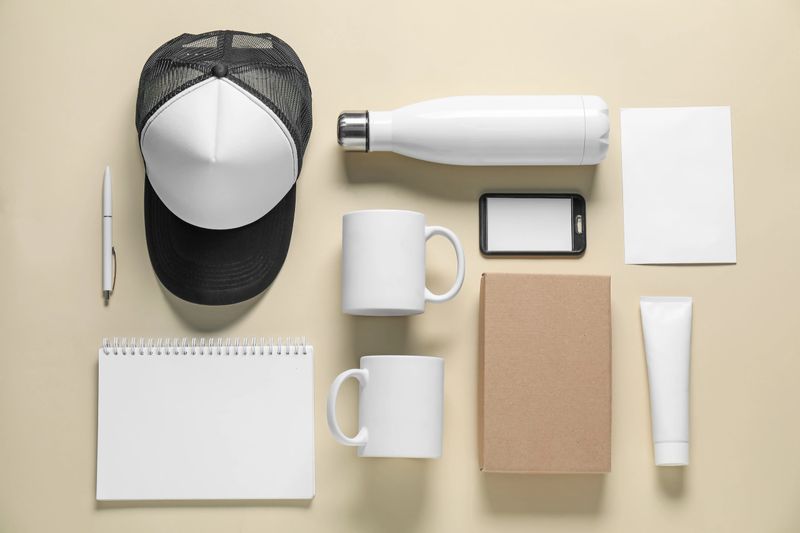 Different blank items for branding on beige background, flat lay. Mockup for design