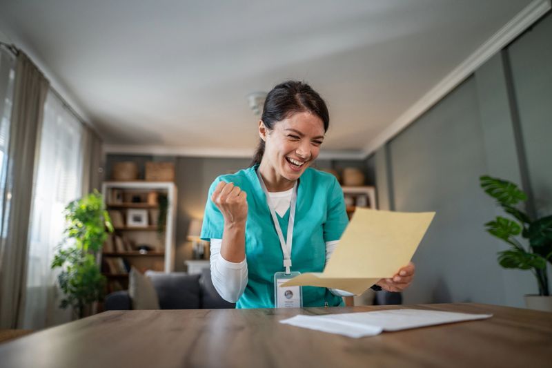 Female healthcare worker in scrubs celebrating achievement, receiving good news about a hospital program, and feeling excited about her career success