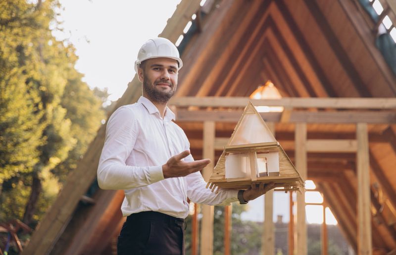 Man builder. Contractor for construction company. Architect in unfinished building. Builder in wooden modular house under construction. Male engineer holding a model of a miniature wooden house