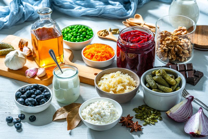 Large group of fermented foods to boost the intake of probiotics. Ingredients that improve digestion and support a healthy digestive system. Healthy eating and dieting