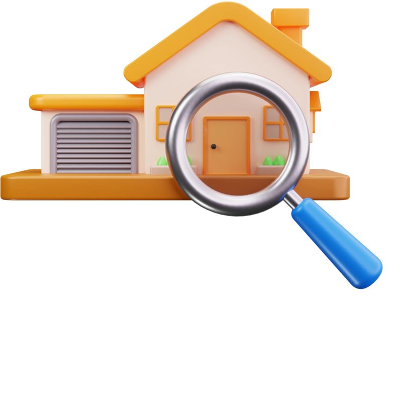 3D house with magnifying glass representing property inspection, evaluation, and home assessment