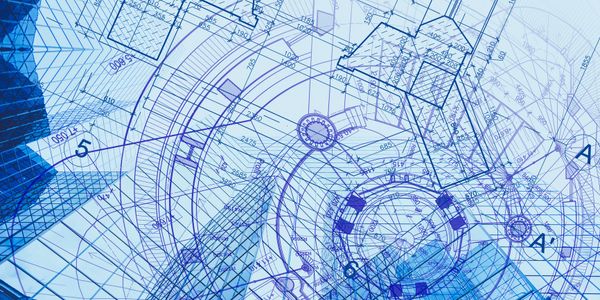 Blueprint overlay on skyscrapers showing architectural design.
