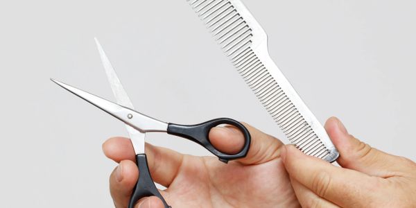 Hand holding hair scissors and a comb against a plain background.