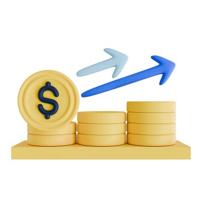 Stacked coins with upward arrows showing financial growth.