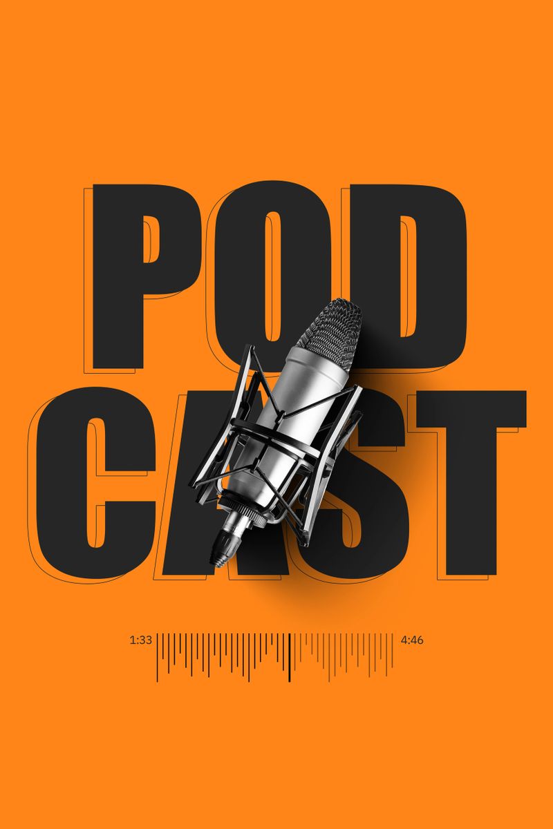 A microphone stands out on an orange background with podcast text and audio wave visuals.