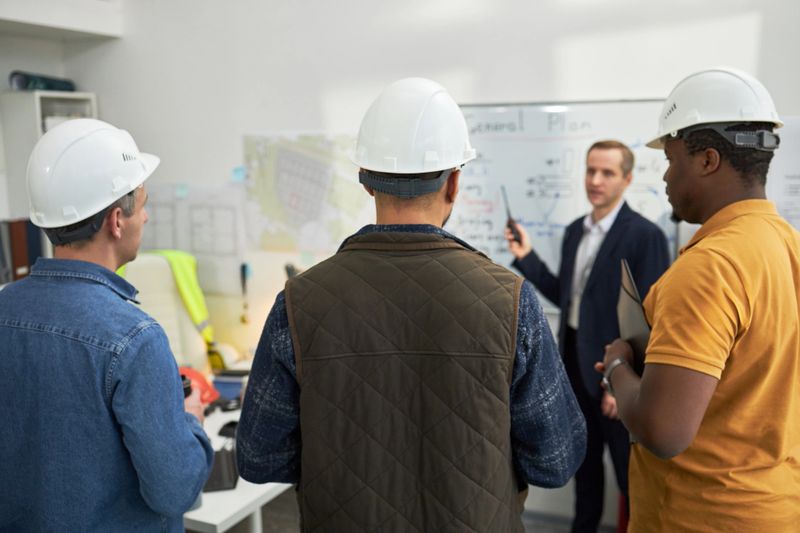 Group of middle aged men including Caucasian and Black foremen wearing safety helmets, standing in office listening to Caucasian man in suit presenting construction plan on whiteboard
