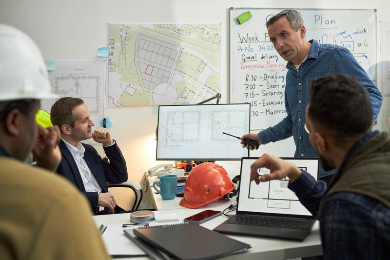 Middle aged Caucasian man standing and gesturing with pen while leading meeting with diverse group of middle aged men in office, discussing construction plans displayed on monitors