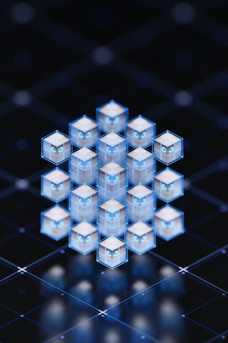 Futuristic digital network of translucent glowing cubes stacked in a grid to represent blockchain, data storage, AI nodes and secure connectivity on a dark high-tech background.