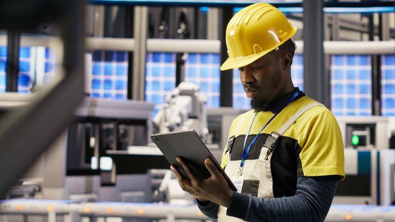 Smart factory specialist testing automated systems, monitoring operational integrity. Industry 4.0 plant technician inspecting equipment to identify and repair damages, camera B