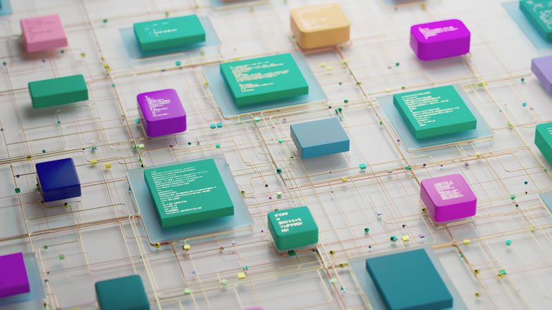 Colorful 3D-rendered circuit network with interconnected chips, wires and code snippets conveying data flow, digital infrastructure and modern technology concepts for background or editorial use.