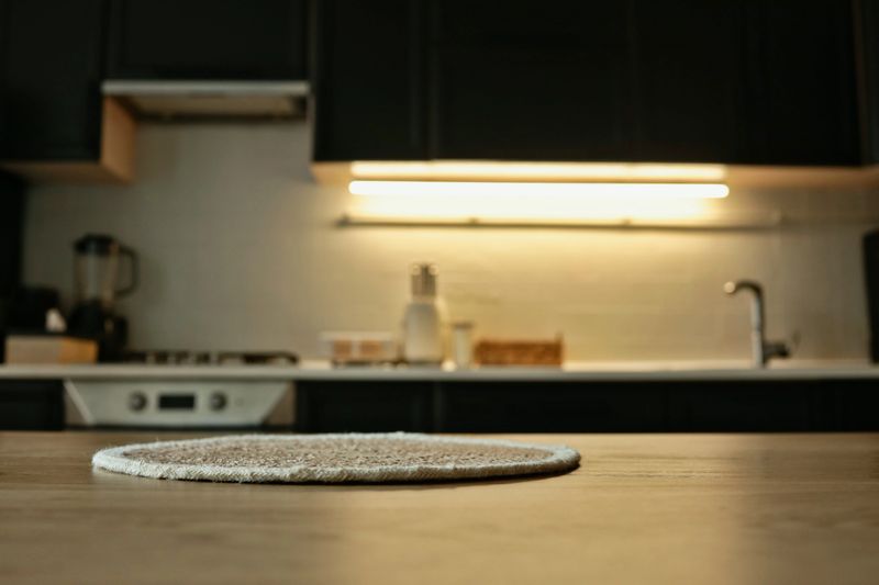 A softly lit kitchen scene with a focus on the wooden countertop and a woven placemat, featuring blurred appliances and cabinetry in the background