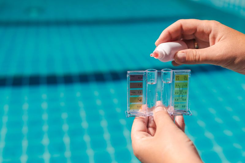 Swimming pool maintenance with hand holding water test kit to measure pH and chlorine levels, checking chemical balance and water quality during regular pool service. High quality photo