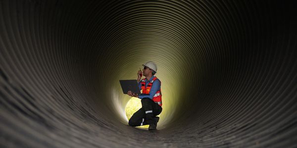 Engineer inspecting inside a large industrial pipe with a laptop.