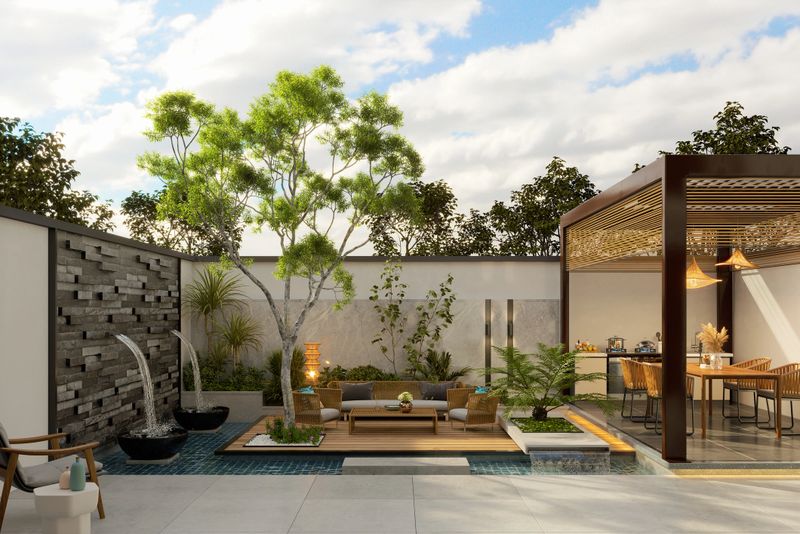 3d modeling and rendering of gazebo, pergola, seating area design A modern beautiful home terrace with pool, wall mockup, plants. 3d render, 3d illustration NOT AI