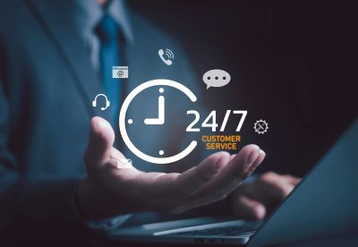 Businessman offering 24/7 customer service with digital icons floating above his hand.