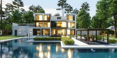 Modern house with large pool at dusk.