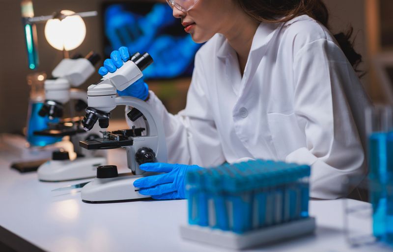 Female researcher wearing lab coat and gloves examining specimen for scientific discovery