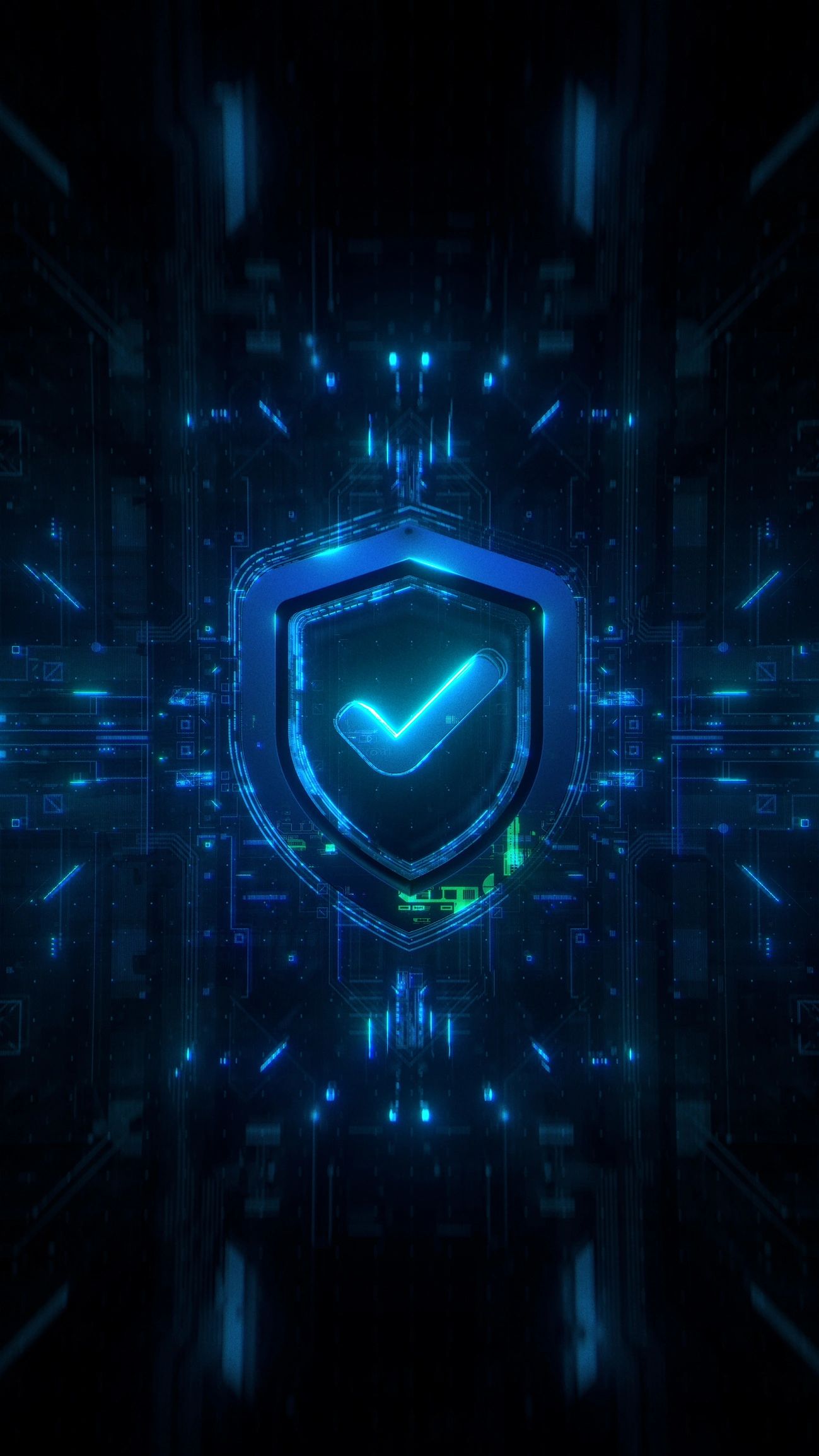 Digital shield with a glowing check mark symbolizing security.